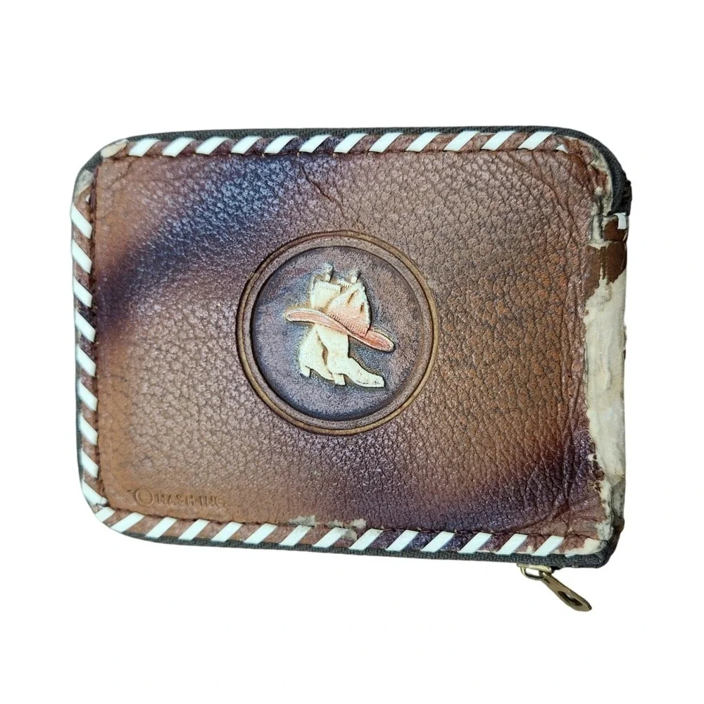 Vintage Tooled Leather Western Wallet Saddle Cowboy Boots Whipstitch Zip Brown